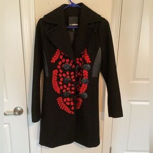 Designer Style Mid Length Wool Coat with Distinctive Red Embroidery,  Size 2